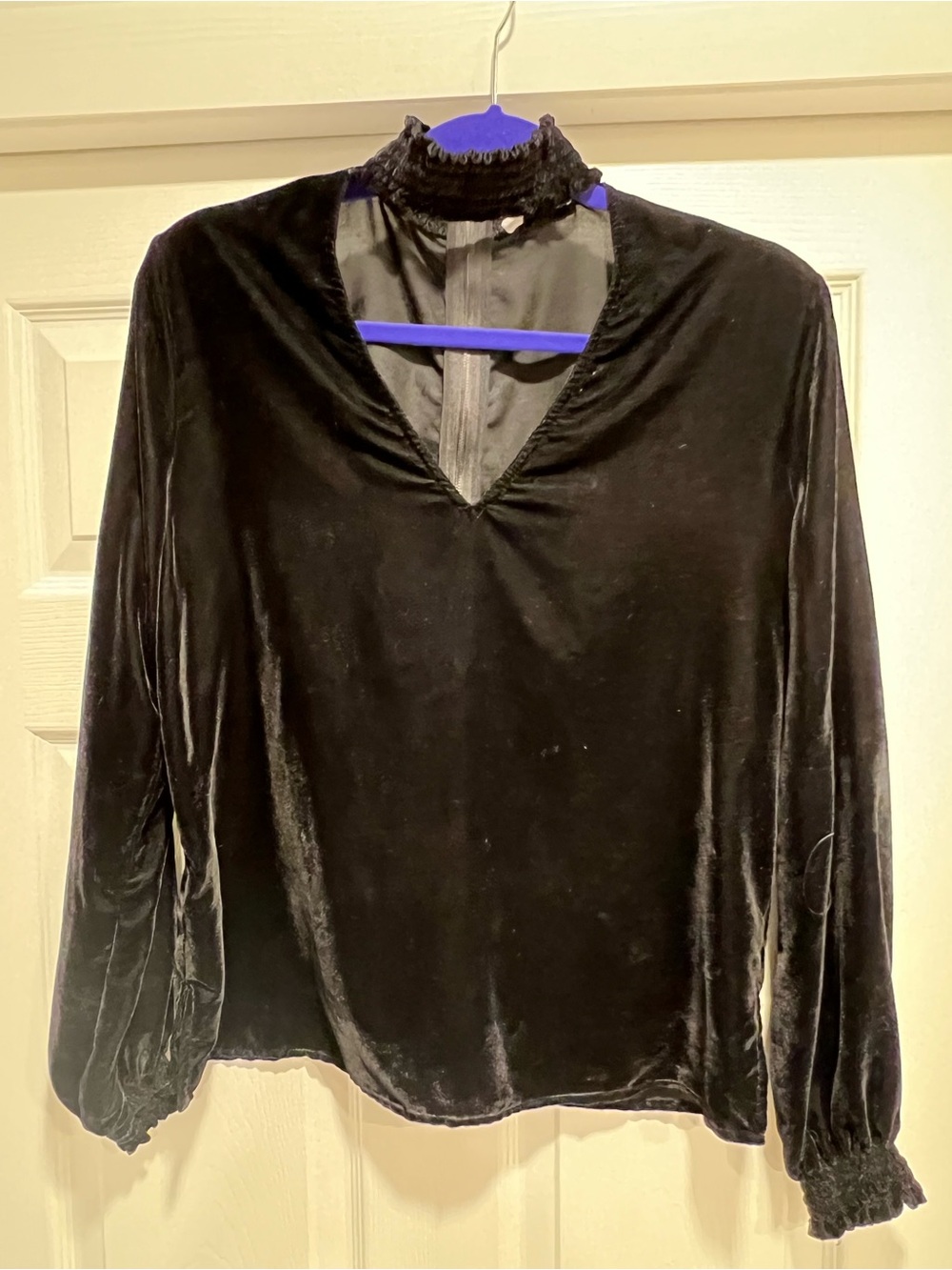 Bailey 44 Black Velvet Long-Sleeve Smocked Neck Blouse
